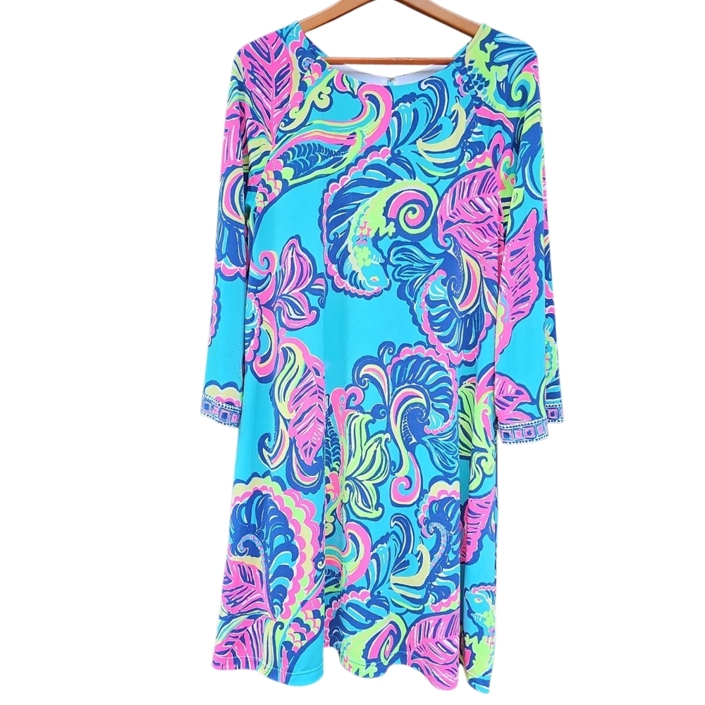 Lilly Pulitzer Bellavista Sea Blue Tropical Print Swing Dress Size L